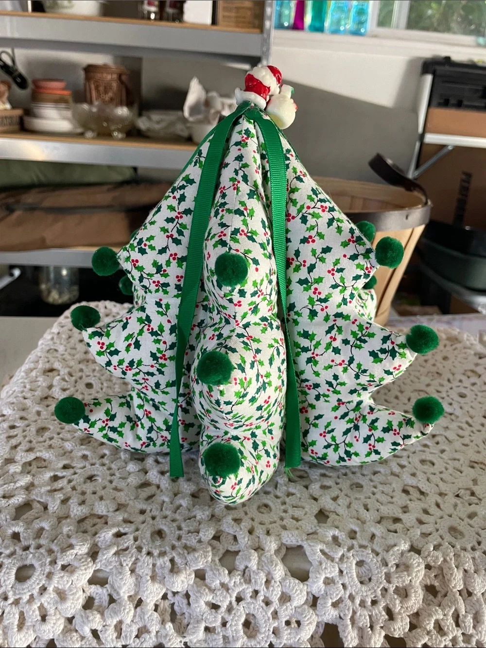 Vintage Handmade Festive Green Holly Fabric Christmas Tree Decor